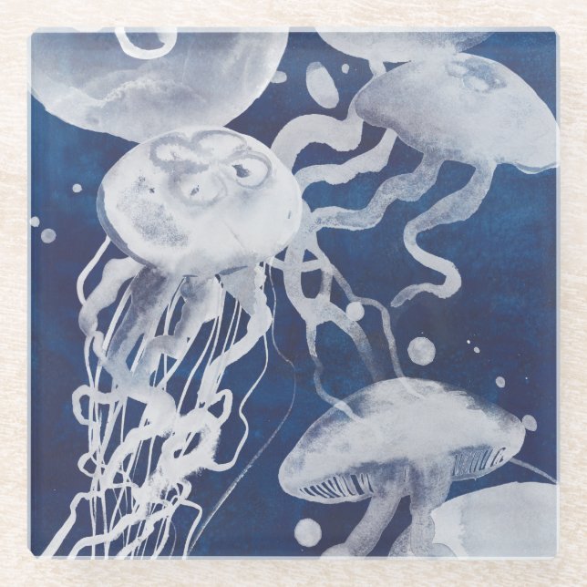 Jellyfish on Navy Background Glass Coaster (Front)