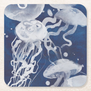 Jellyfish on Navy Background Square Paper Coaster
