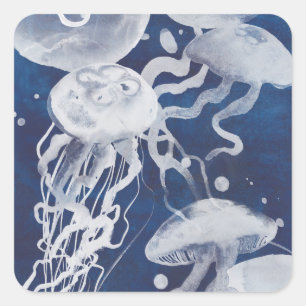 Jellyfish on Navy Background Square Sticker