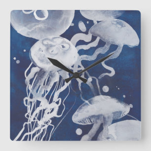 Jellyfish on Navy Background Square Wall Clock