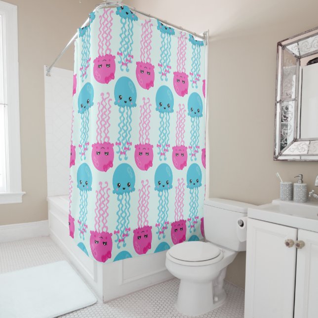 Jellyfish Pattern, Cute Jellyfish, Sea Animals Shower Curtain (In Situ)