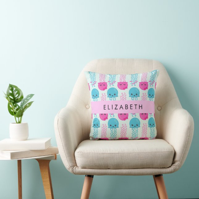 Jellyfish Pattern, Cute Jellyfish, Sea, Your Name Cushion (Chair)