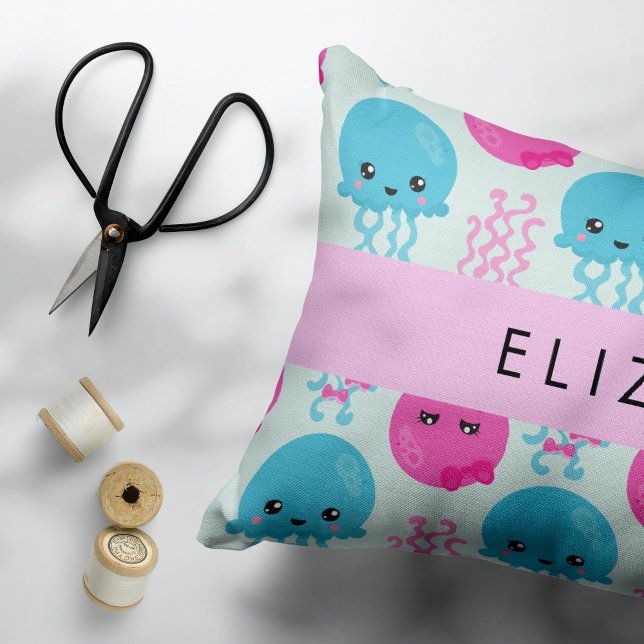 Jellyfish Pattern, Cute Jellyfish, Sea, Your Name Decorative Cushion (Creator Uploaded)