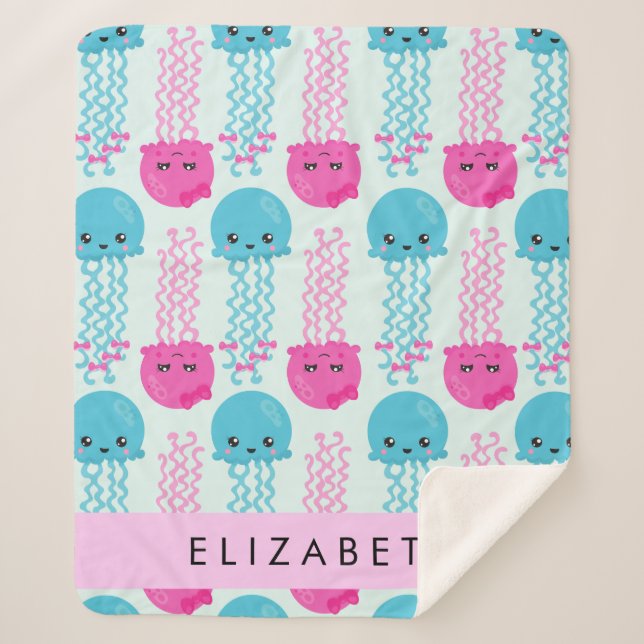 Jellyfish Pattern, Cute Jellyfish, Sea, Your Name Sherpa Blanket (Front)