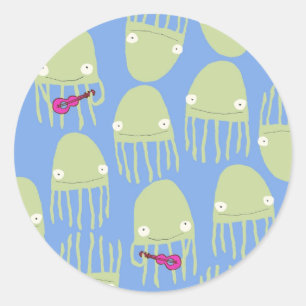 Jellyfish Playing Ukelele Sticker in Blue