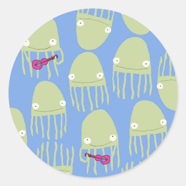 Jellyfish Playing Ukelele Sticker in Blue (Front)