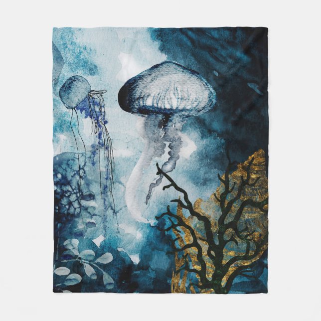 Jellyfish, sea grass with golden accents fleece blanket (Front)