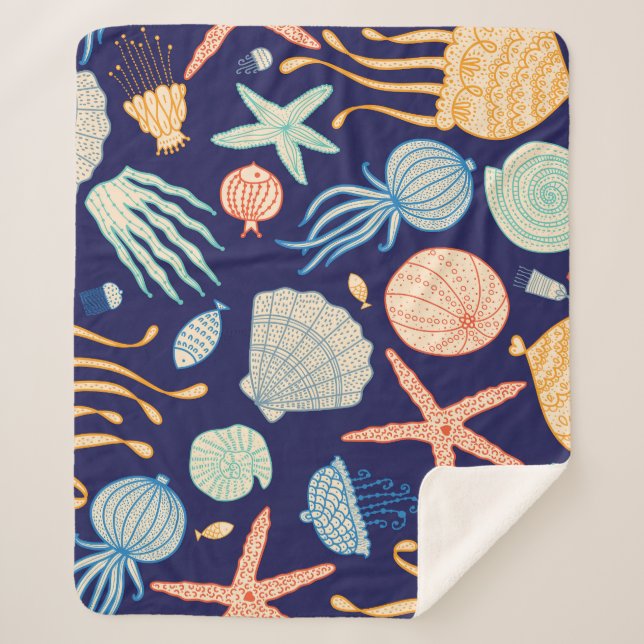 Jellyfish Shells Fish Algae Pattern Sherpa Blanket (Front)