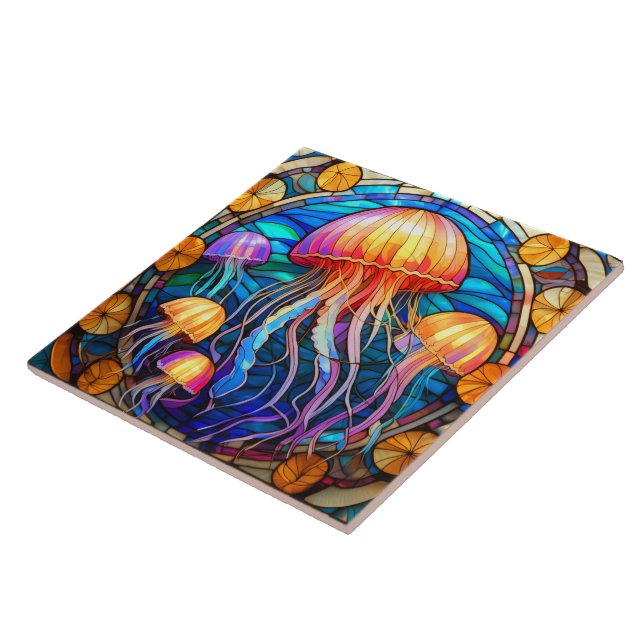 Jellyfish Stained glass art Ceramic Tile (Side)