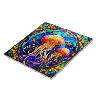 Jellyfish Stained glass art Ceramic Tile