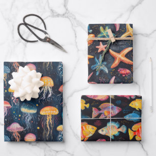 Jellyfish, Star & Various Fish Species Sea Theme Wrapping Paper Sheet
