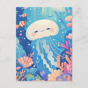Jellyfish Swimming in Colorful Tropical Coral Reef Postcard