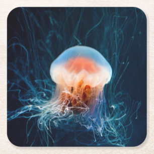 Jellyfish Underwater - Dark Glow Square Paper Coaster