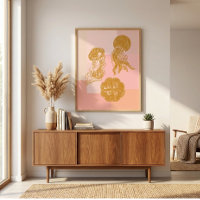 Jellyfish Vintage Ocean Illustration Pink and Gold