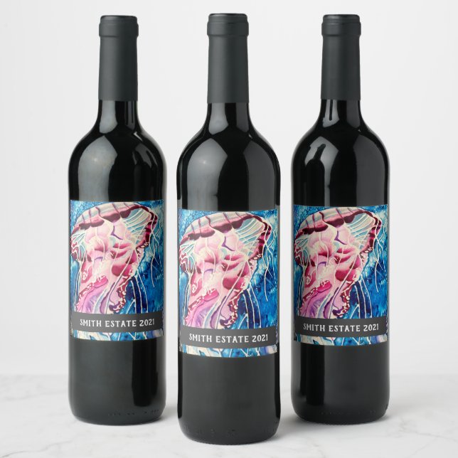 Jellyfish watercolor colourful ocean art wine label (Bottles)