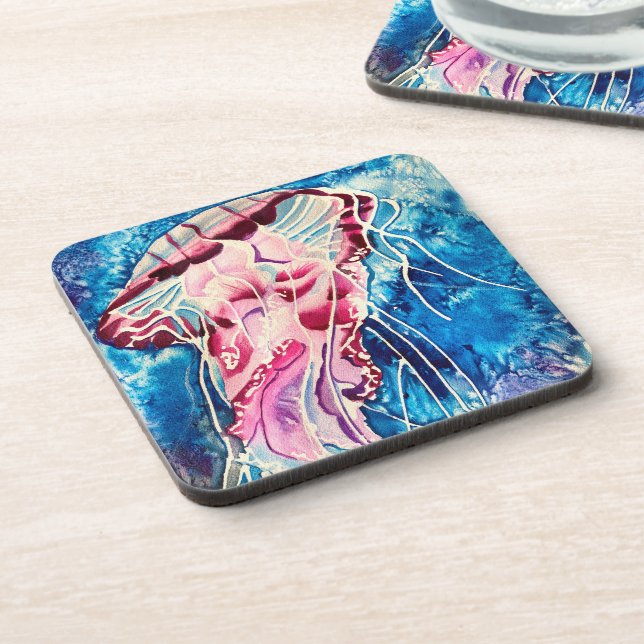 Jellyfish watercolor ocean art coaster (Left Side)