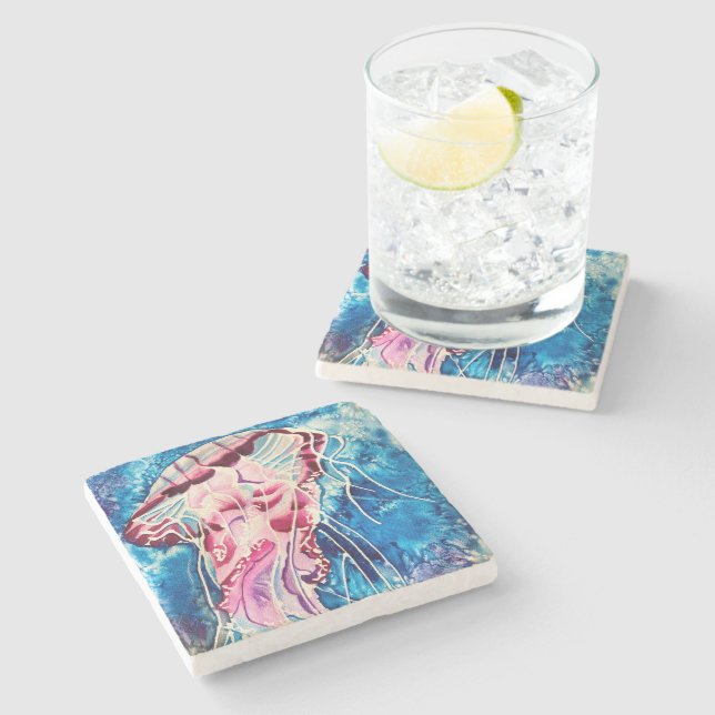Jellyfish watercolor ocean art stone coaster (Side)