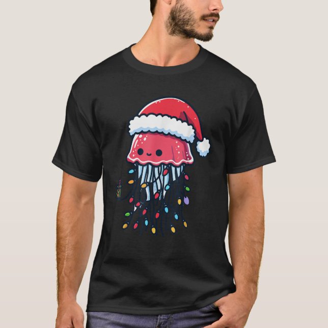 Jellyfish Wearing Santa Hat Holding A Present Box  T-Shirt (Front)