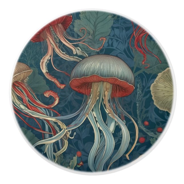 Jellyfish William Morris style Sea Ocean Animals Ceramic Knob (Front)
