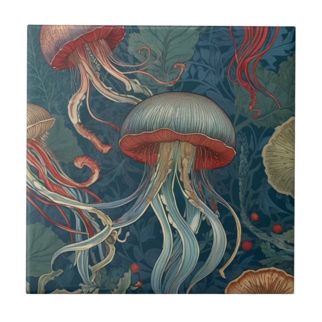 Jellyfish William Morris style Sea Ocean Animals Ceramic Tile (Front)