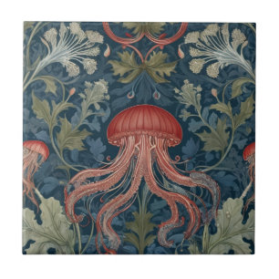 Jellyfish William Morris style Sea Ocean Botanical Ceramic Tile
