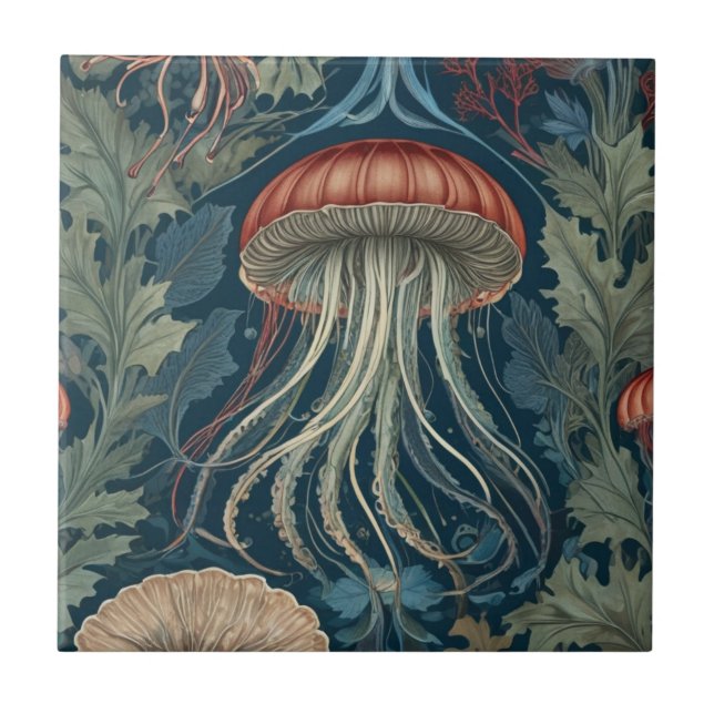Jellyfish William Morris style Sea Ocean Life Ceramic Tile (Front)