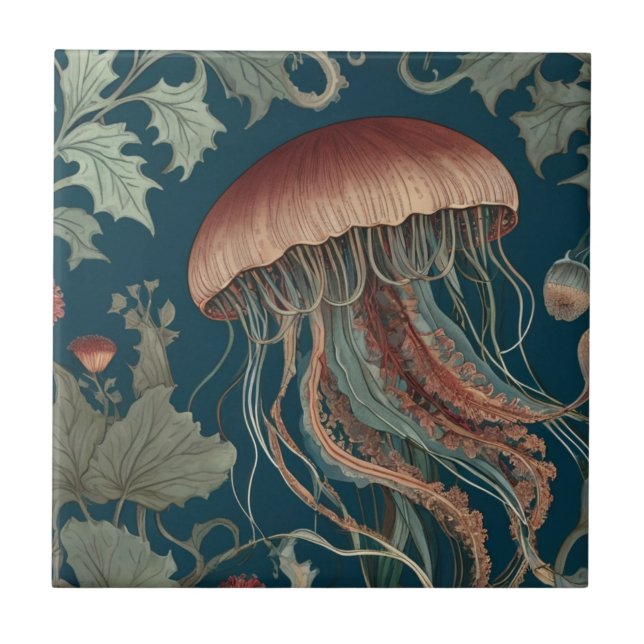 Jellyfish William Morris style Sea Ocean Marine Ceramic Tile (Front)