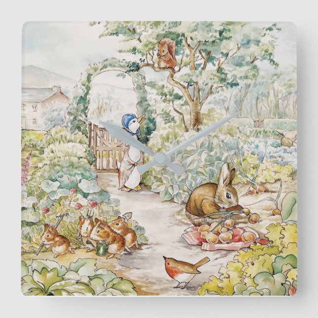 Jemima Puddle Duck in Mr Mc Gregor's Garden Square Wall Clock (Front)
