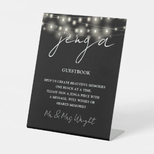 Jenga Guestbook Black And White String Lights Pedestal Sign