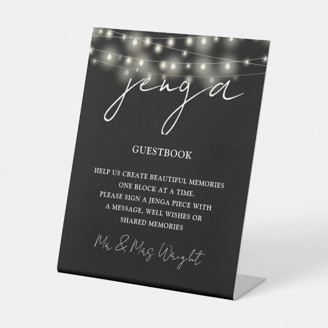 Jenga Guestbook Black And White String Lights Pedestal Sign (Front)