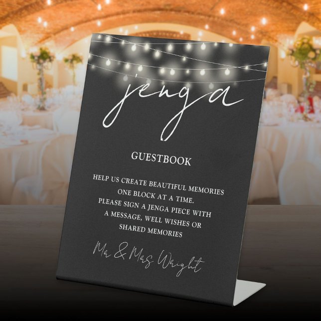 Jenga Guestbook Black And White String Lights Pedestal Sign (Jenga Guestbook Black And White String Lights Pedestal Sign)