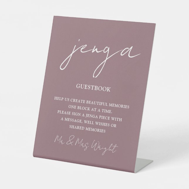 Jenga Guestbook Mauve Minimalist Script Pedestal Sign (Front)
