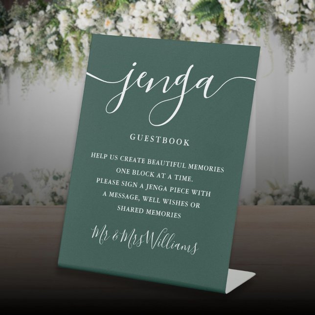 Jenga Wedding Guestbook Elegant Emerald Green Pedestal Sign (Jenga Wedding Guestbook Elegant Emerald Green Pedestal Sign)