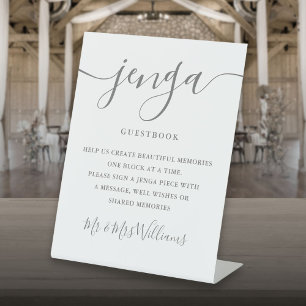 Jenga Wedding Guestbook Elegant Grey Script Pedestal Sign