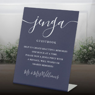 Jenga Wedding Guestbook Elegant Script Navy Blue Pedestal Sign