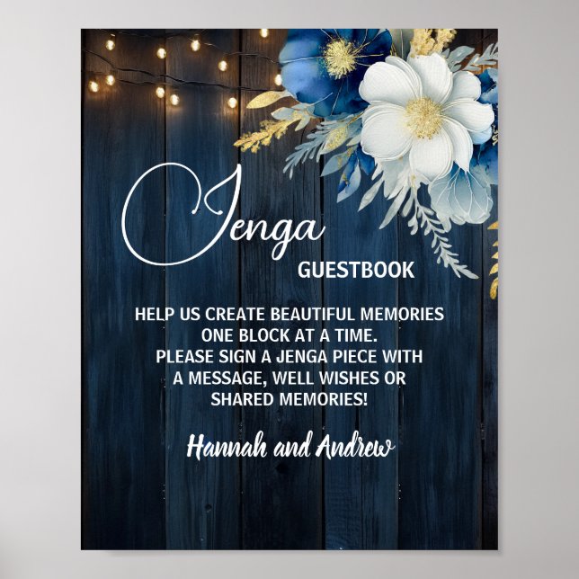 Jenga Wedding Guestbook String Light Floral Poster (Front)