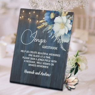 Jenga Wedding Guestbook String Lights Floral Pedestal Sign