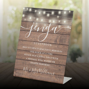 Jenga Wedding Guestbook String Lights Rustic Wood Pedestal Sign