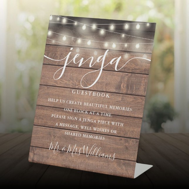 Jenga Wedding Guestbook String Lights Rustic Wood Pedestal Sign (Jenga Wedding Guestbook String Lights Rustic Wood Pedestal Sign)