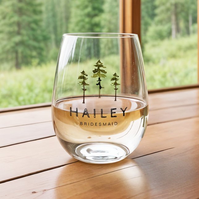JENNA Pine Tree Camp Mountain Bachelorette Stemless Wine Glass (Creator Uploaded)