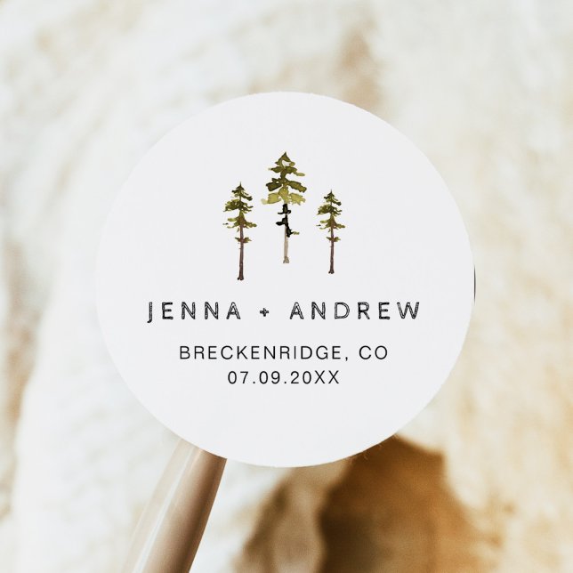 JENNA Rustic Pines Forest Wedding Favour Classic Round Sticker (Creator Uploaded)