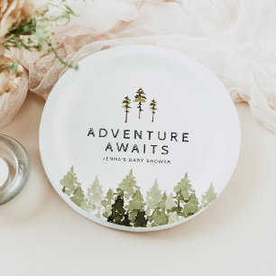 JENNA Rustic Watercolor Pine Tree Baby Shower Paper Plate
