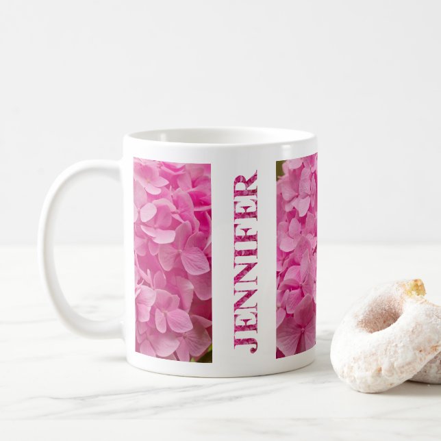 "Jennifer" Elegant Pink Hydrangea Floral Lettering Coffee Mug (With Donut)