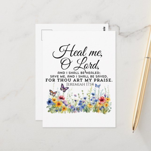 Jeremiah 17:14 Healing Bible Verse Wildflowers Postcard (Front/Back In Situ)