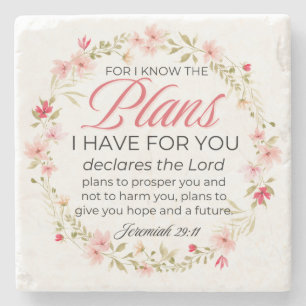 Jeremiah 29:11 Pink Flowers Wreath Bible Verse Stone Coaster