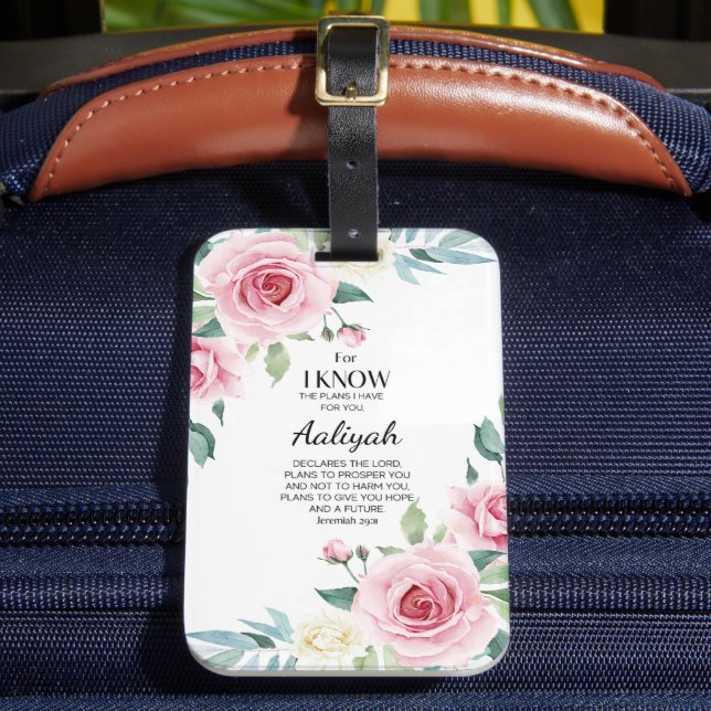 Jeremiah 29:11 Pink Rose Personalise Luggage Tag (Front Insitu 2)