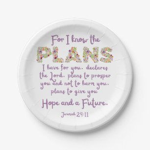 Jeremiah 29:11 Purple, Floral Letters Christian Paper Plate