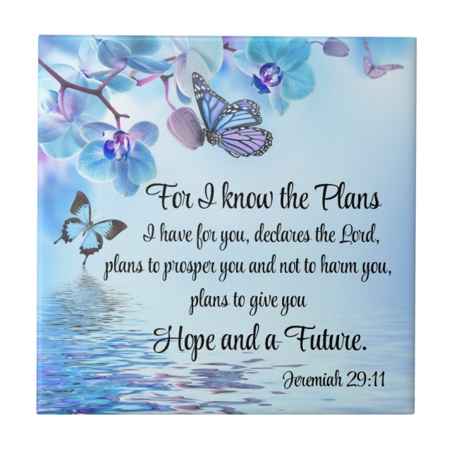 Jeremiah 29:11 Tropical Orchids Butterfly Bible Ceramic Tile (Front)