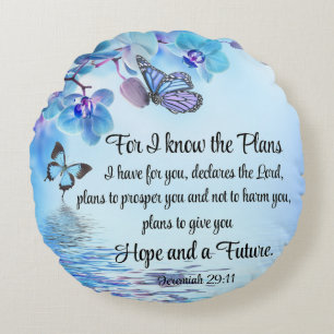 Jeremiah 29:11 Tropical Orchids Butterfly Bible Round Cushion