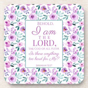 Jeremiah 32:27 with Purple Flowers Background Coaster